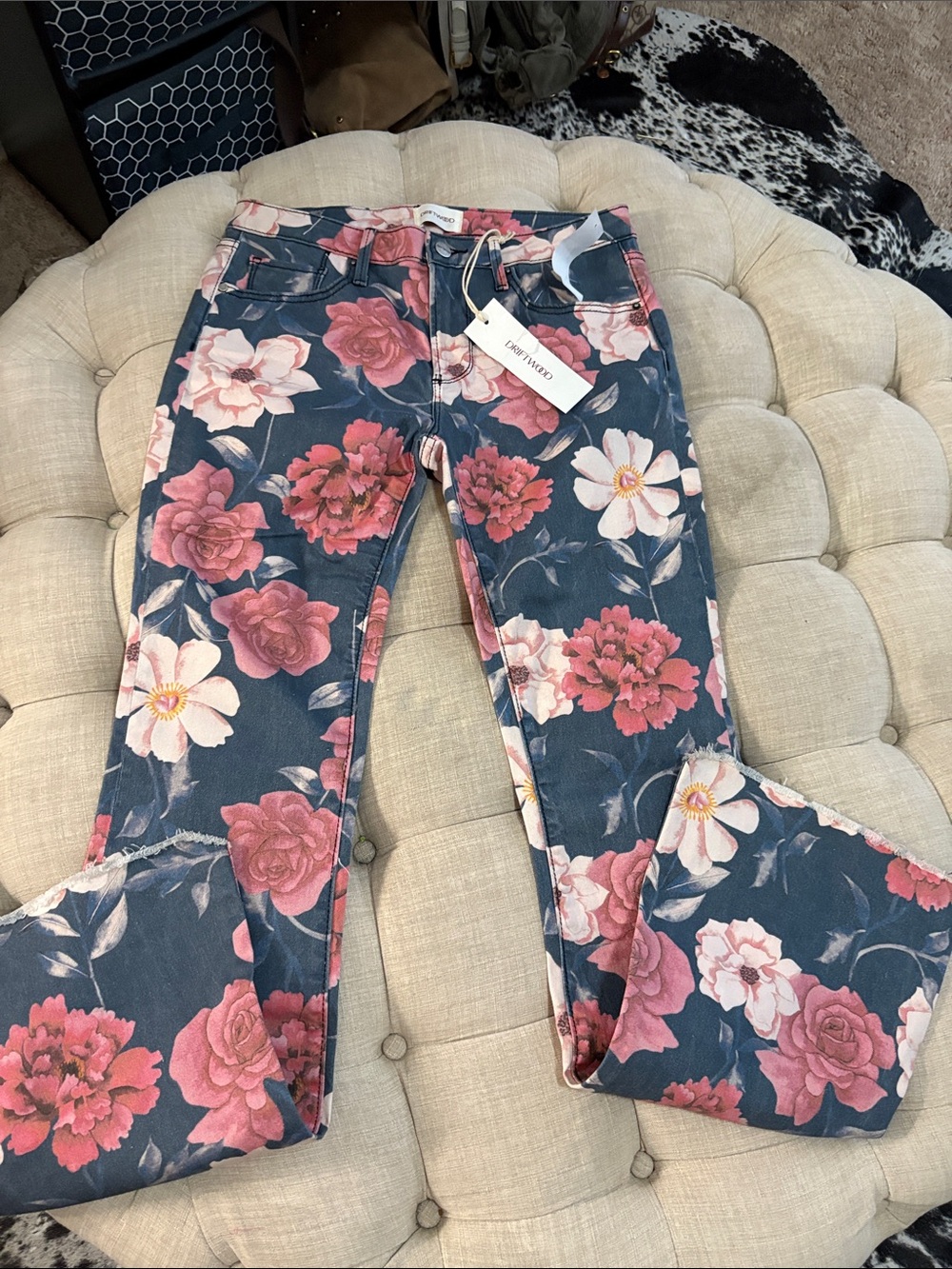 DRIFTWOOD Blue Floral Wide Leg Jeans with Pink Blooms